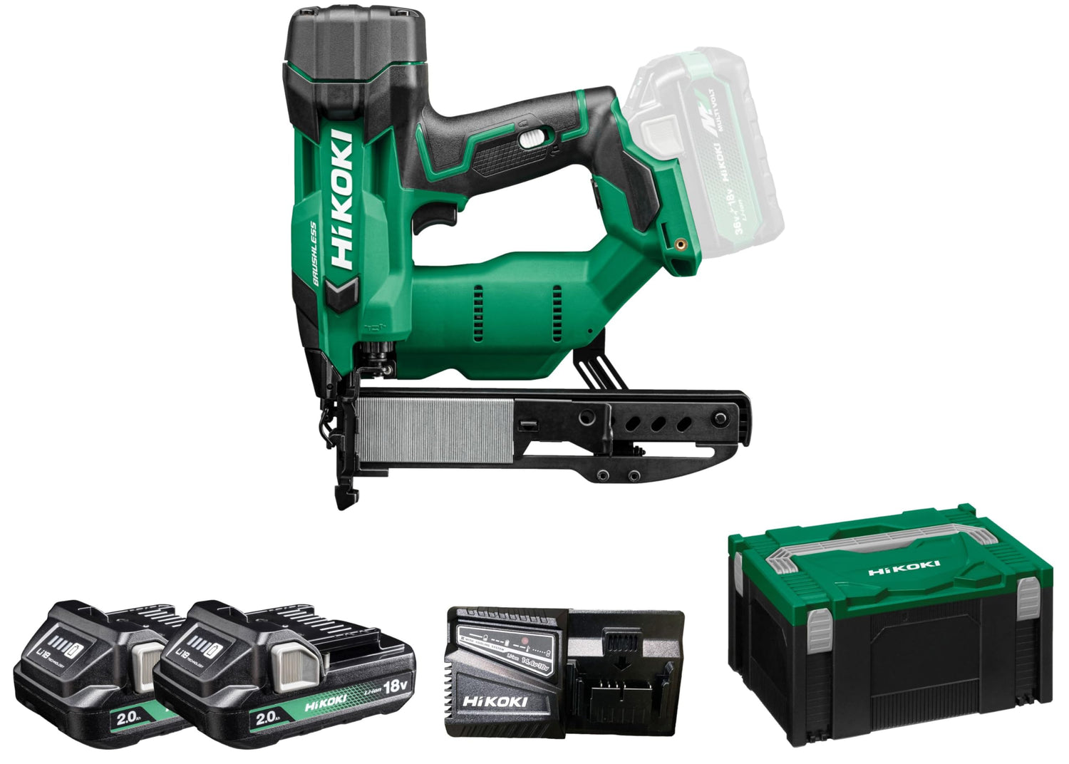 HiKOKI Grapadora de batería – 18 V, 13-40 mm, ion de litio, luz LED, ajuste de profundidad sin herramientas, accionamiento por resorte neumático, motor sin escobillas, disparo conmutable, incluye 2