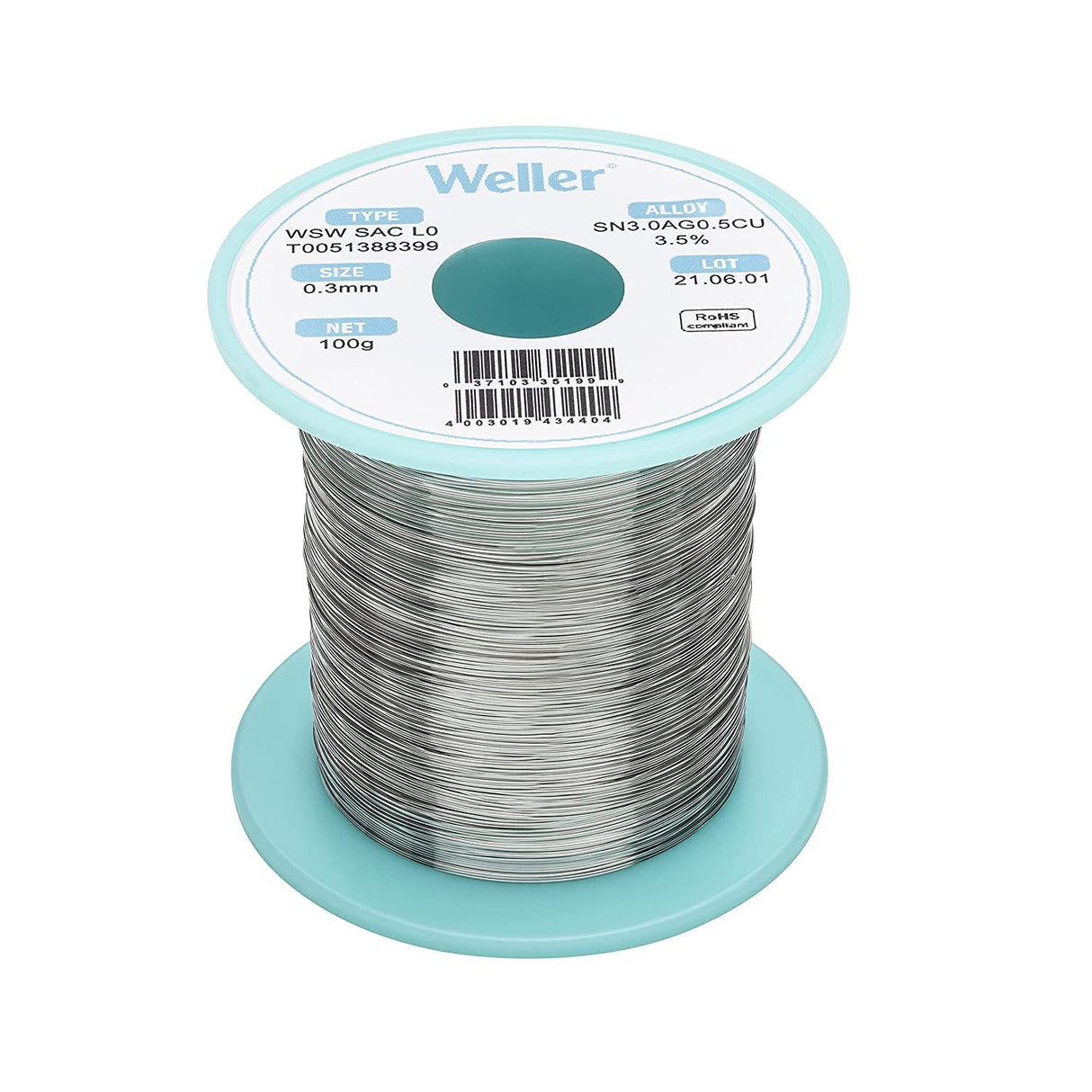Weller WSW SAC L0 (T0051387299) Alambre De Soldadura Sin Plomo, Ø 0,3 Mm, Aleación Sn96.5Ag3.0Cu0.5, Contenido De Fundente 3.5%, 500g