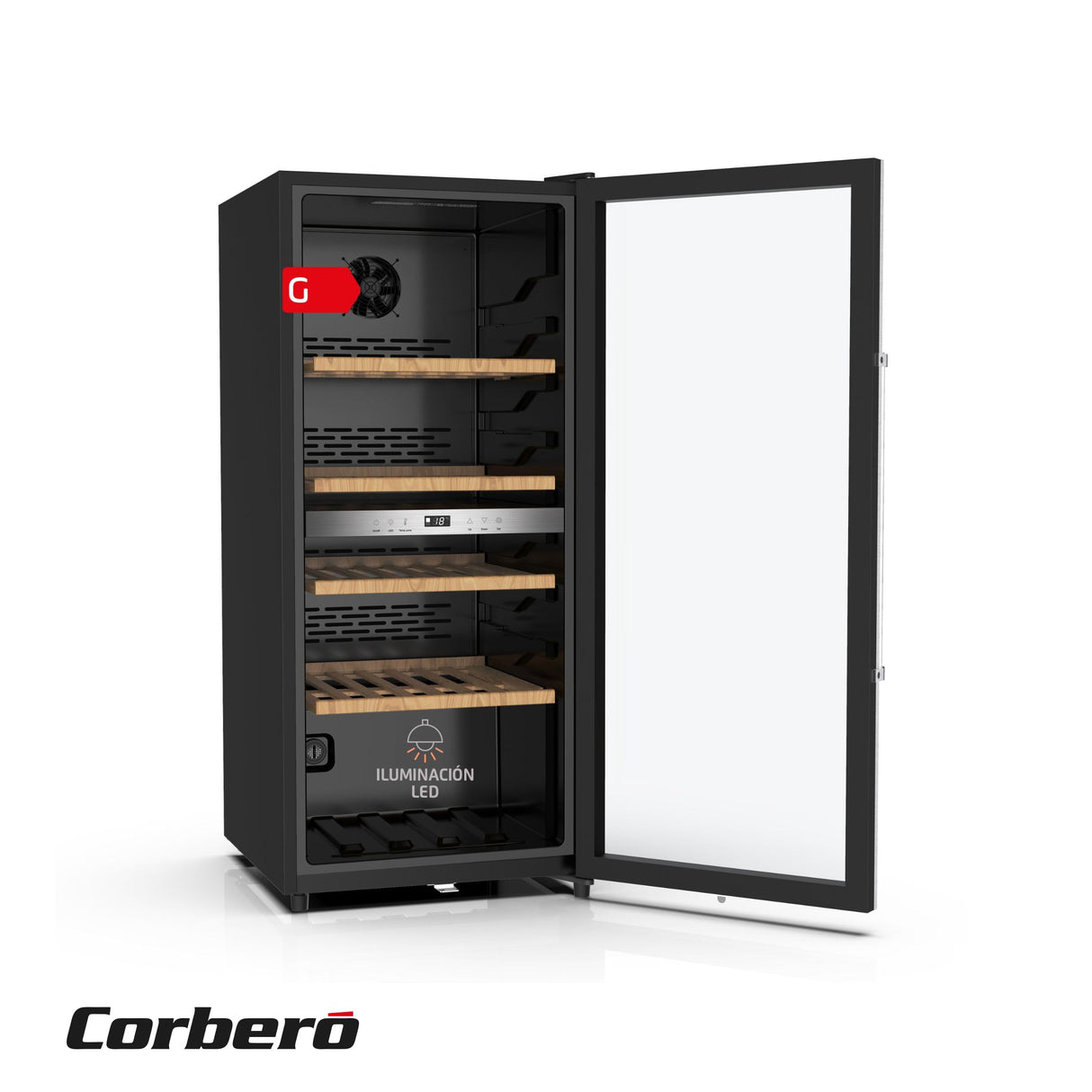 Corberó - Vinoteca CFKWC91SWDZ | 200L | 91 Botellas | Estático Con Ventilador | Doble Zona | Nevera para vino con Luz LED | 4 Estantes de Madera | 45Db | Negro Puerta Cristal