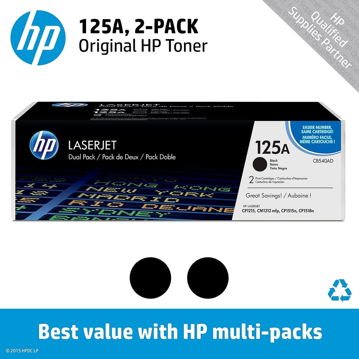 HP 125A CB540AD, Negro, Cartucho Tóner Original, Pack de 2, para impresoras HP ColorLaserJet CP1215, CP1515, CP1518; CM1312 y CP151n