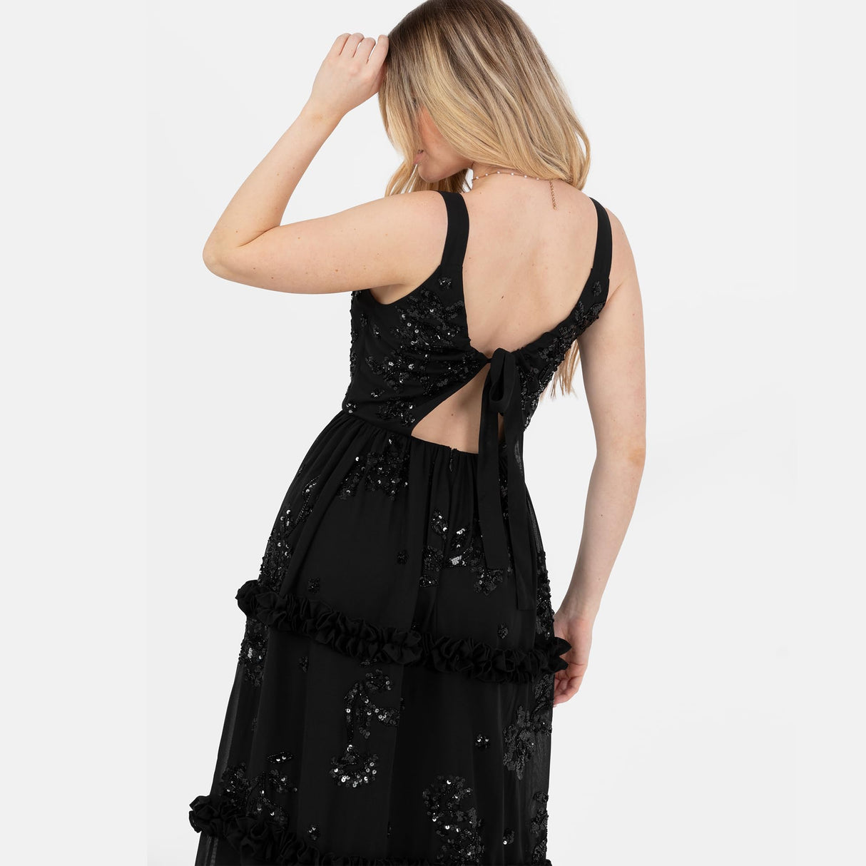 Maya Deluxe Women's Maxi Dress Ladies Sleeveless V-Neck Sequin Embellished Floral Ruffle Chiffon A-Line Open Back Tie Prom Ball Gown, Black, 42