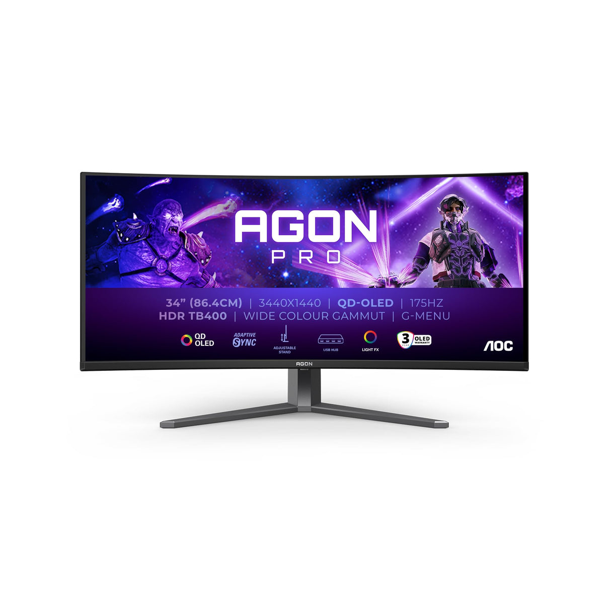 AOC Agon Pro AG346UCDAM - Monitor Gaming Curvo OLED WQHD de 34 Pulgadas, 175 Hz, 0,03 ms, FreeSync Premium Pro, Comp. G-Sync, HDR400 (3440x1440, 2X HDMI, DisplayPort, USB Hub) Negro
