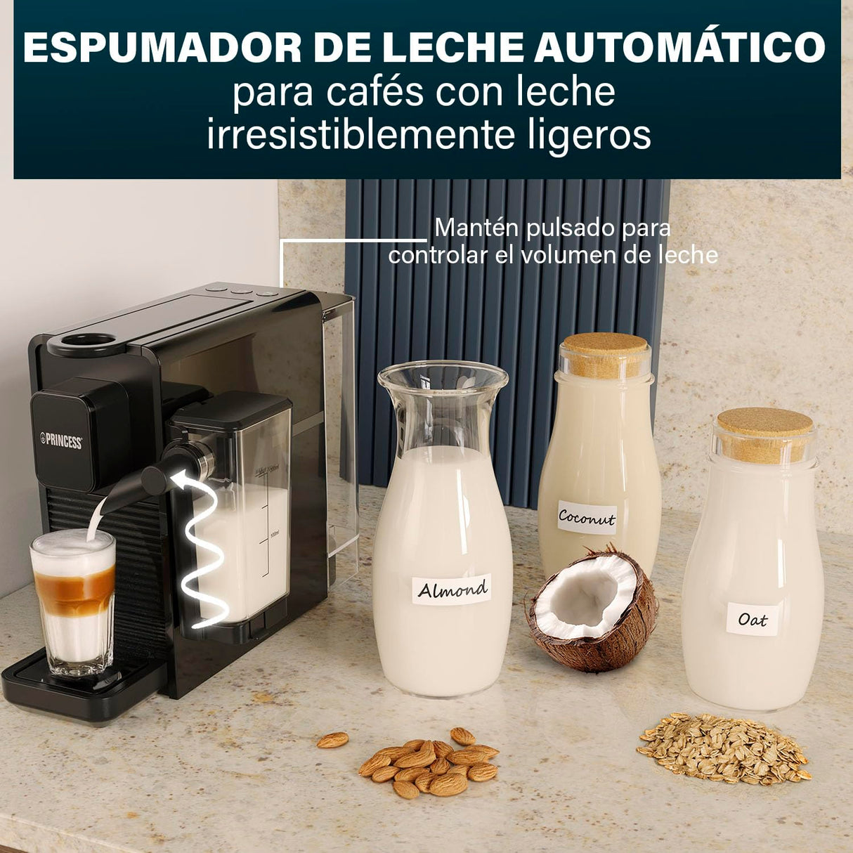 Princess Capsule and Latte Pro Cafetera de Cápsulas, Compatible Nespresso, Leche Automática, 20 Bares, 1400W, Libre de BPA, Partes Lavables, Apagado Automático, 01.249455.01.001