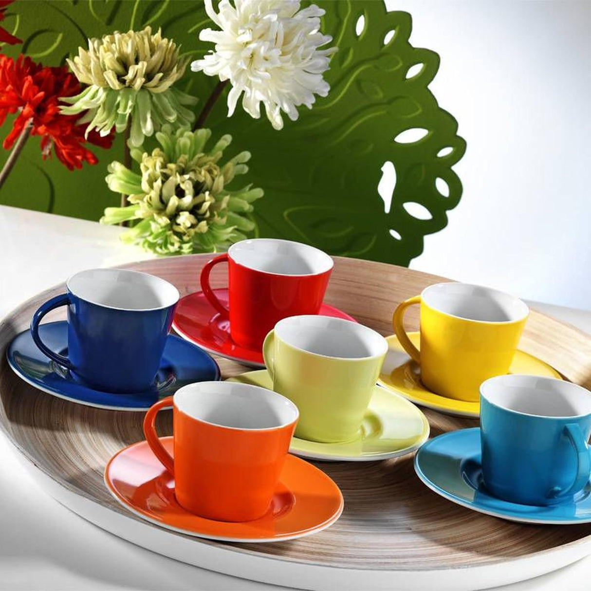 WELL HOME MOBILIARIO & DECORACIÓN Set de Tazas de Café (12 Piezas) porcelana roja, blanca, azul, naranja, amarilla y verde 90cc
