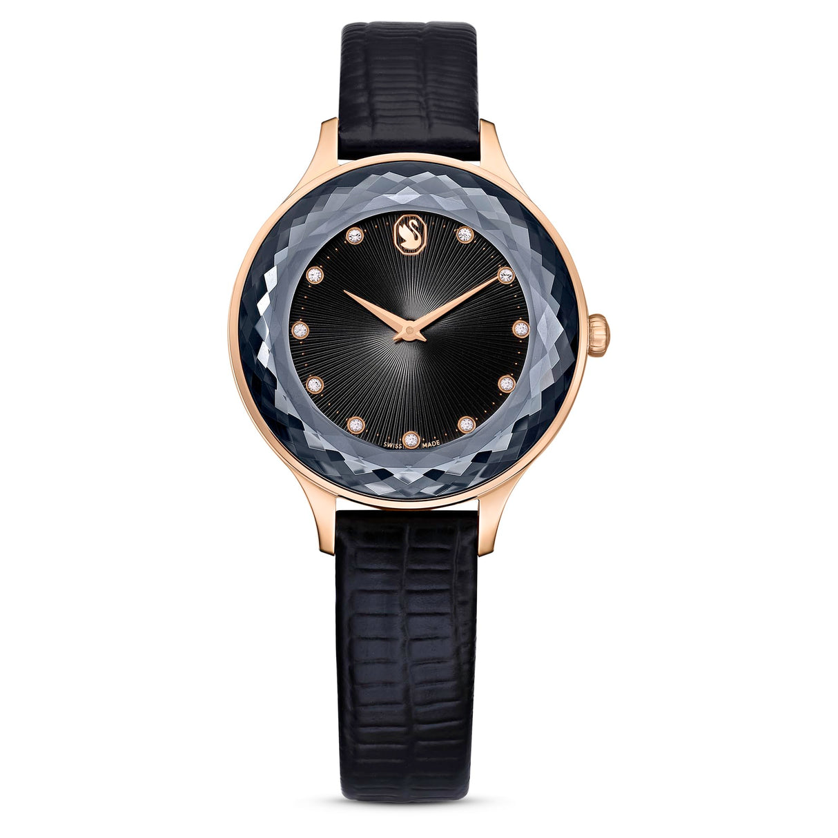 Swarovski Reloj Octea Nova, Fabricado en Suiza, Correa de piel, Negro, Acabado tono oro rosa