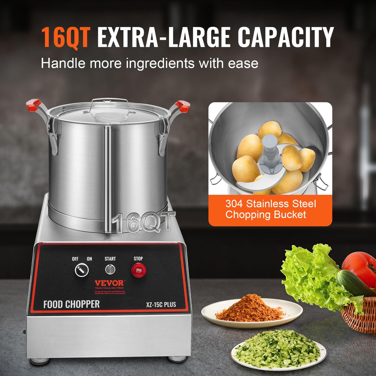 VEVOR Mezclador de Cocina Multifunción 1400 W Capacidad de 15 L Picadora Eléctrica de Acero Inoxidable Procesador de Alimentos para Verduras Frutas Preparación Culinaria Restaurante Hotel Cocina