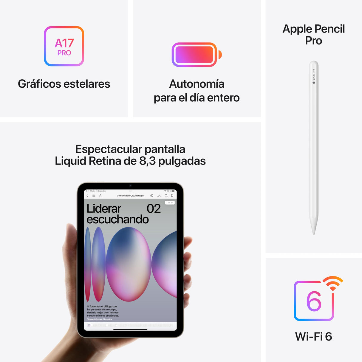 Apple iPad Mini (A17 Pro): Pantalla Liquid Retina de 8,3 Pulgadas, 256 GB, Wi Fi 6E, cámaras Frontal y Trasera de 12 Mpx, Touch ID, autonomía para un día Entero – Blanco Estrella