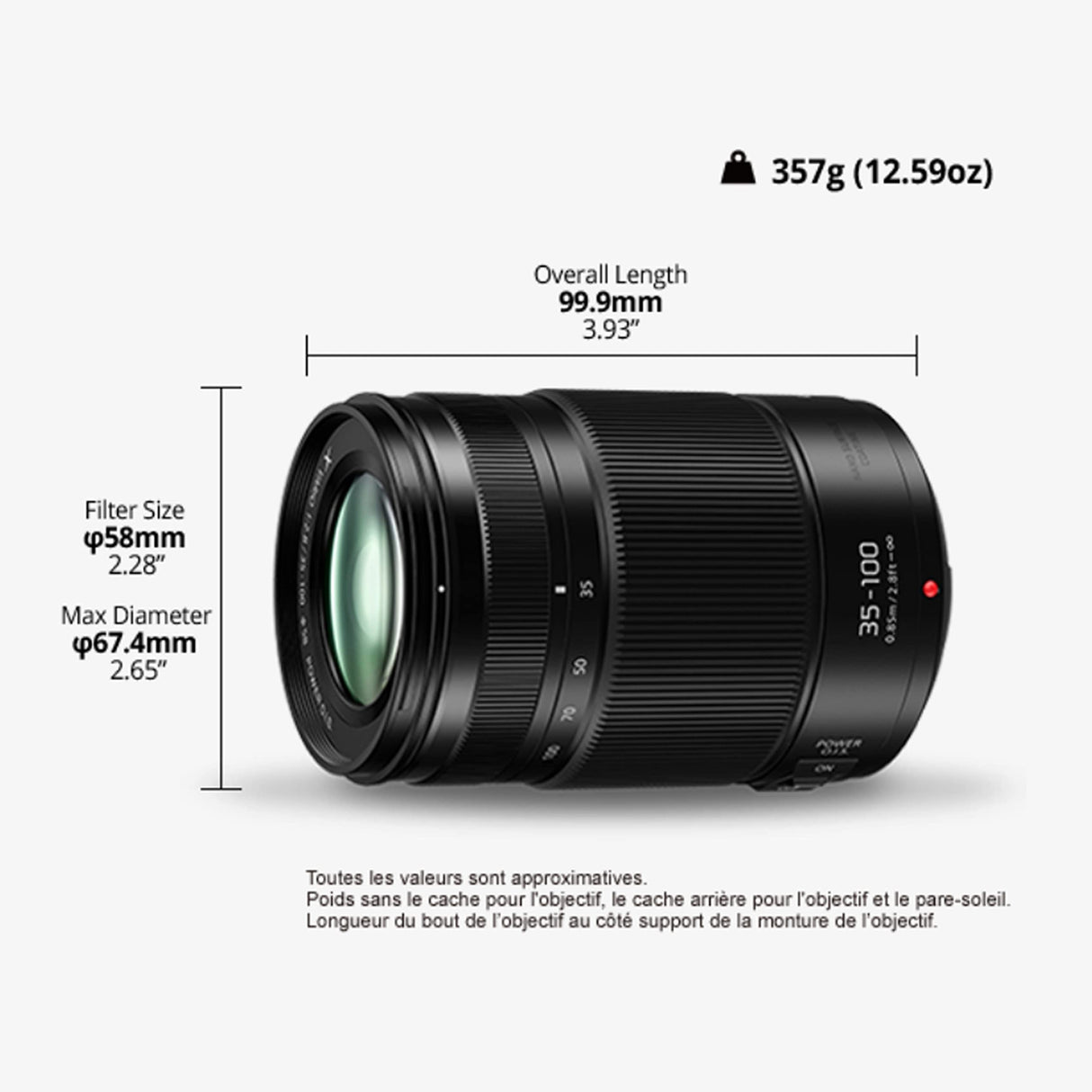 Panasonic LUMIX H-HSA35100 II – Teleobjetivo Zoom para cámaras de montura M4/3 (Focal 35-100 mm, F2.8, tamaño filtro 58 mm, lentes asféricas, resistente agua/polvo/congelación, POWER O.I.S), negro
