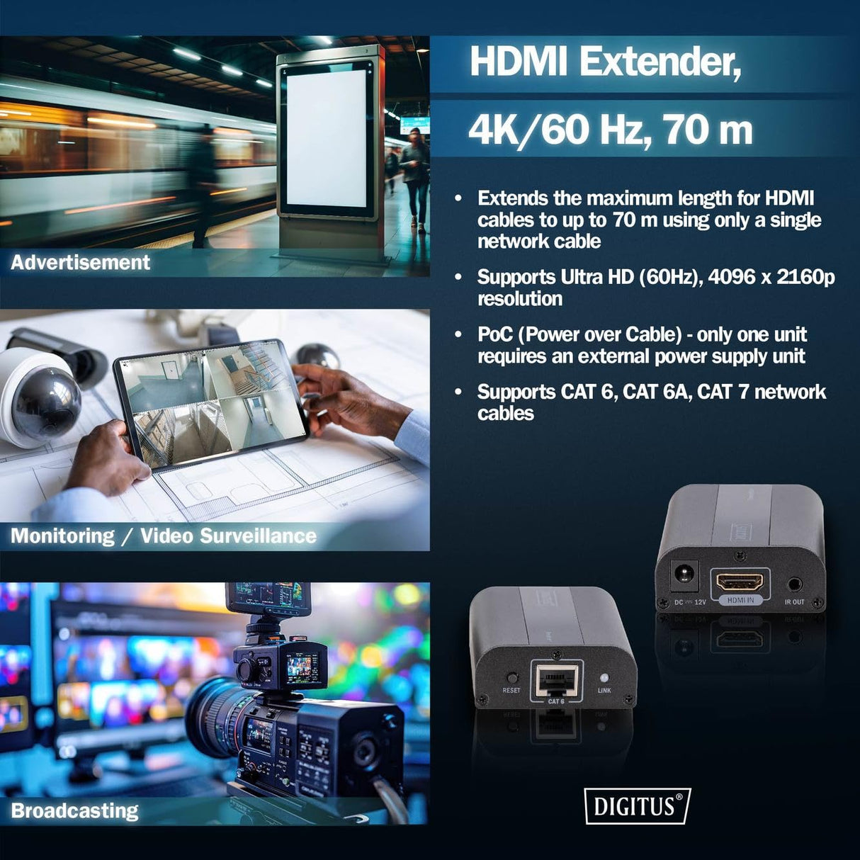 DIGITUS DS-55204 Extensor HDMI - UHD 4K 60 Hz - 70 m mediante cable LAN - Set: Transmisor y Receptor - IR Infrarrojos - HDCP 2.2