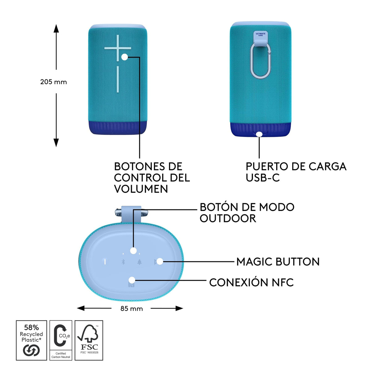 Ultimate Ears EVERBOOM, Altavoz Bluetooth portátil inalámbrico, Graves potentes, Sonido inmersivo de 360 Grados, Impermeable IP67, Flota, 20 Horas de batería, Radio de acción 55m - Azul