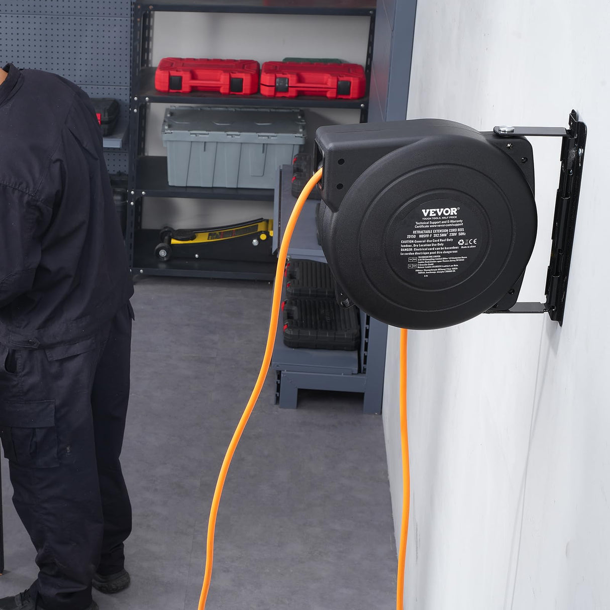 VEVOR Carrete de Cable de Extensión Retráctil 15 m 1600 W con Cable de Alimentación de 1 m Protección contra Sobrecalentamiento Carcasa de PP, Soporte Giratorio de 180° para Montaje en Techo, Pared
