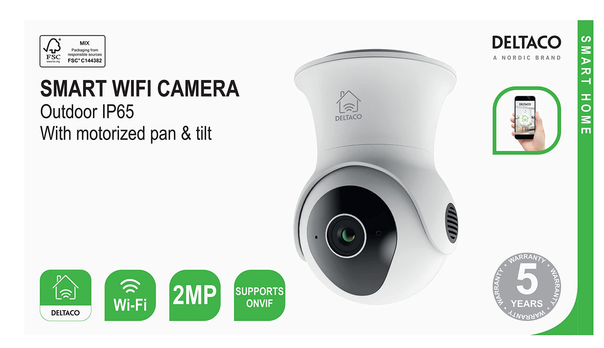 DELTACO Smart Home Cámara IP Inteligente de Seguridad IP - Exterior IP65 - PTZ - Movible - 2MP 1080p - ONVIF/RTSP - WiFi - App - Blanco