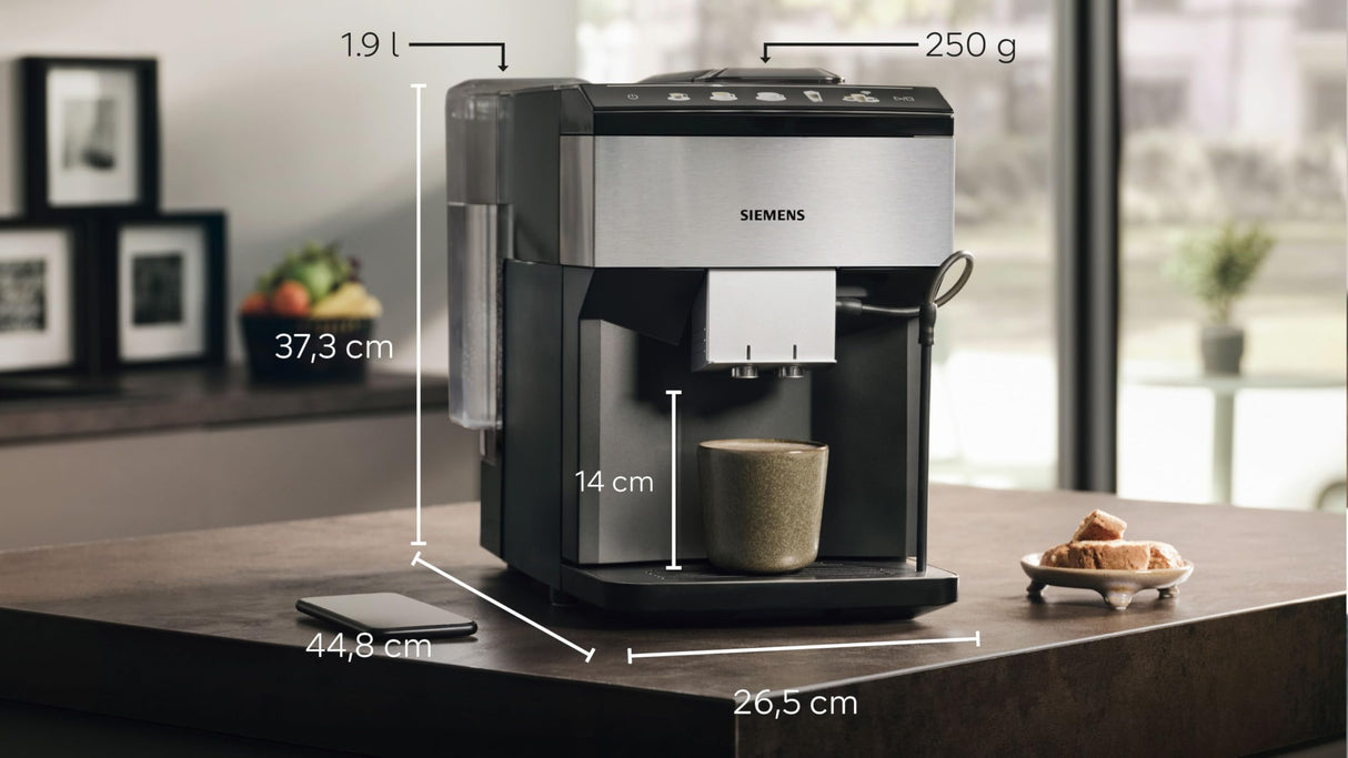 Siemens, Cafetera totalmente automática, EQ500, Home Connect, aromaDouble Shot, autoMilk Clean, ceramDrive, coffeeSelect Display, OneTouch DoubleCup, acero inoxidable/negro, TP516RX3