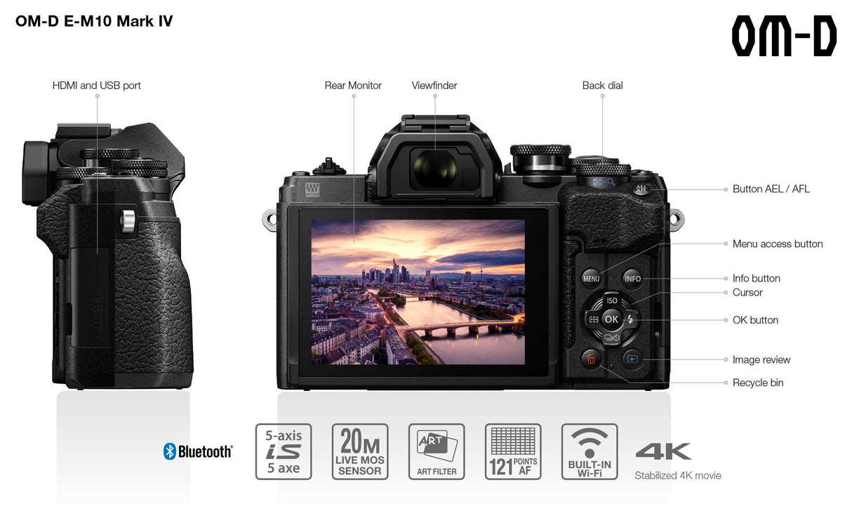 Cámara del Sistema Micro Four Thirds Olympus OM-D E-M10 Mark IV, Sensor de 20 Mpx, estabilizador de Imagen en 5 Ejes, Visor electrónico, vídeo 4K, Potente Enfoque automático, Wi-Fi, Negra