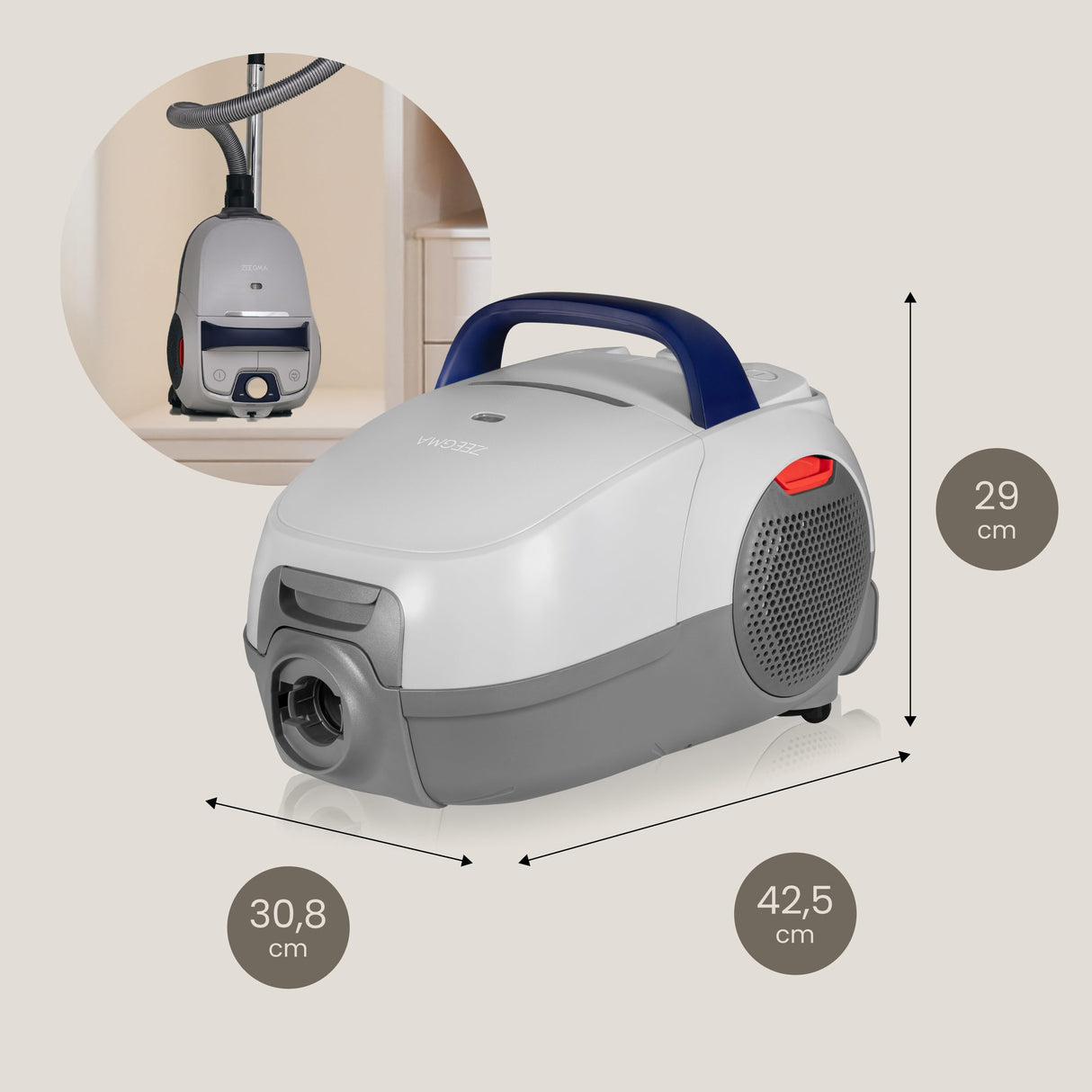 ZEEGMA ZONDER VERRE Klassik Aspiradora con Bolsa 2 Filtros Higiénicos para Alérgicos Gran Potencia de Succión Cepillo para Parquet 800 W, Cable 12 M, Funcionamiento Silencioso Cartuchos Aromáticos