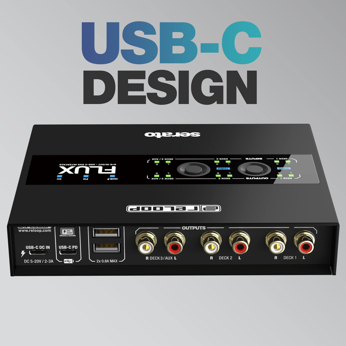 Reloop Flux - Interfaz DVS 6x6 IN/OUT USB-C Club-ready para Serato DJ Pro, 24 bits/96 kHz, compatible con giradiscos, CDJs u otros reproductores multimedia, hub USB-A de 2 puertos