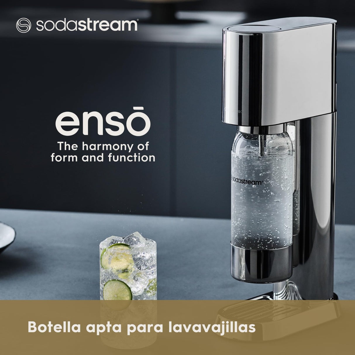 SodaStream Enso - Máquina Gasificadora de Agua Premium de Acero Inoxidable, Incluye Botella de 1 Litro para Gasificar Apta para Lavavajillas