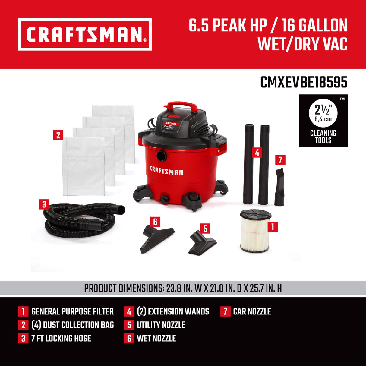 CRAFTSMAN CMXEVBE18595 Aspiradora húmeda y Seca de 16 galones, 6.5 CV, aspiradora Resistente con 4 Bolsas de Recogida de Polvo y Accesorios