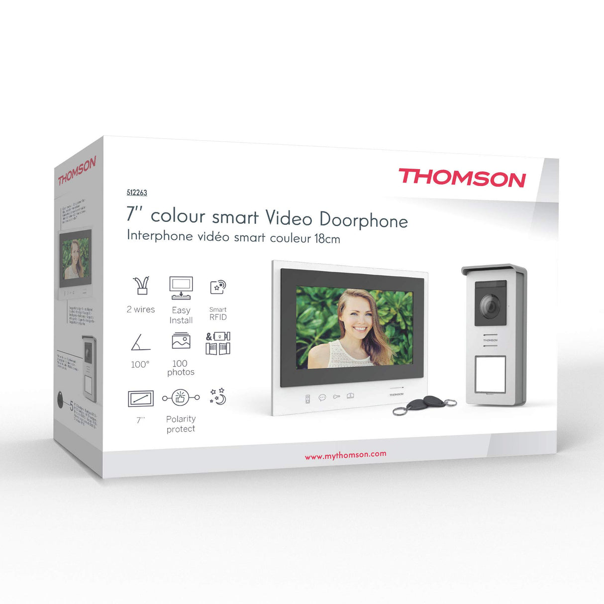 Thomson 512263 - Soporte Inteligente para videocámara (2 Cables, Smart RFID, Memorización automática de visitantes (100 Fotos), función de monitoreo, visión Nocturna led's Blanca