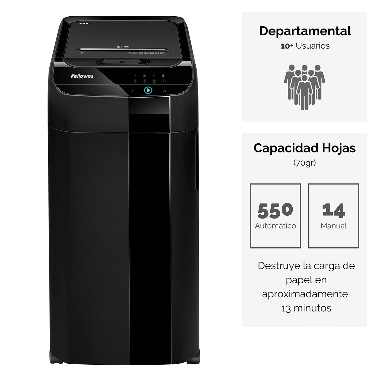 Fellowes Automax™ 550C - Destructora trituradora de Papel automática, Corte en partículas de 4x38mm (DIN P-4), destruye hasta 550 Hojas, hasta 10 usuarios en la Oficina, Papelera de 83L, destruye CD