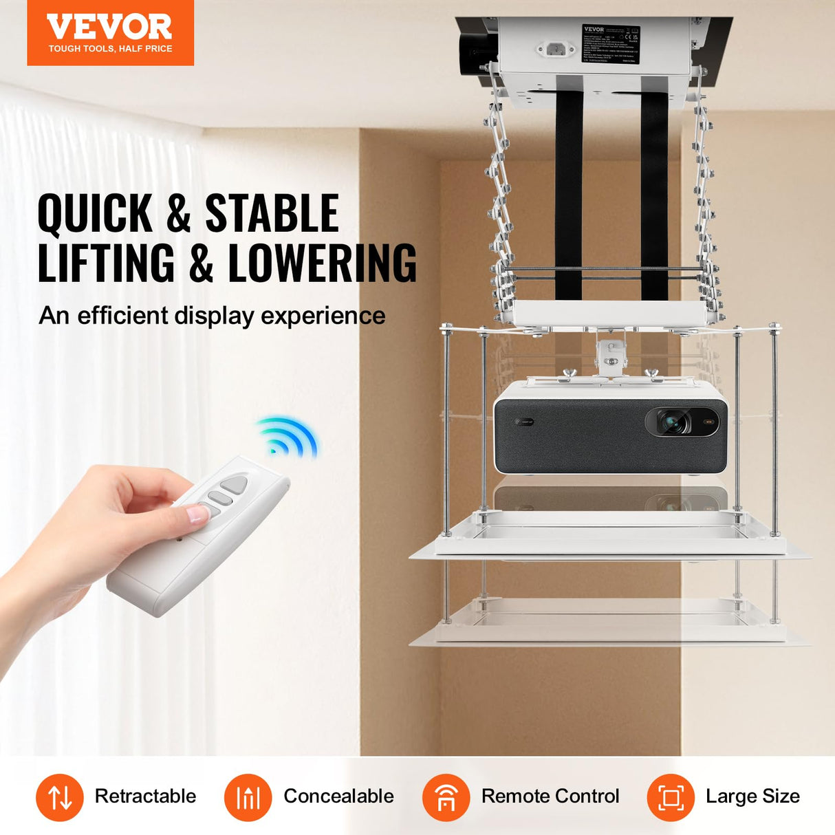 VEVOR Elevador de Proyector Motorizado Elevador de Proyector Eléctrico de Altura Ajustable de 1,5 m, Soporte de Techo para Proyector Oculto con Control Remoto y con Cable para Hogar, Oficina, Blanco