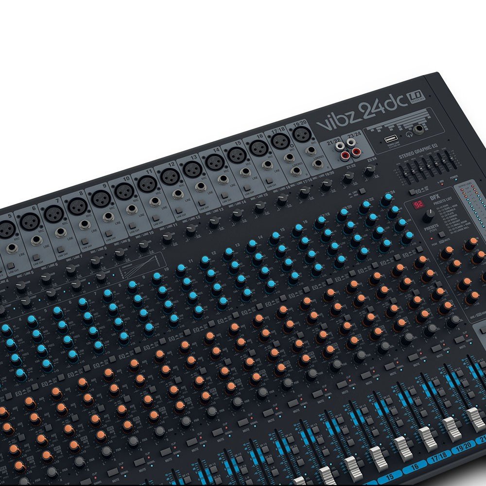 LD Systems VIBZ 24 DC - Mesa de mezclas de 24 canales con sección de efectos digitales y compresor