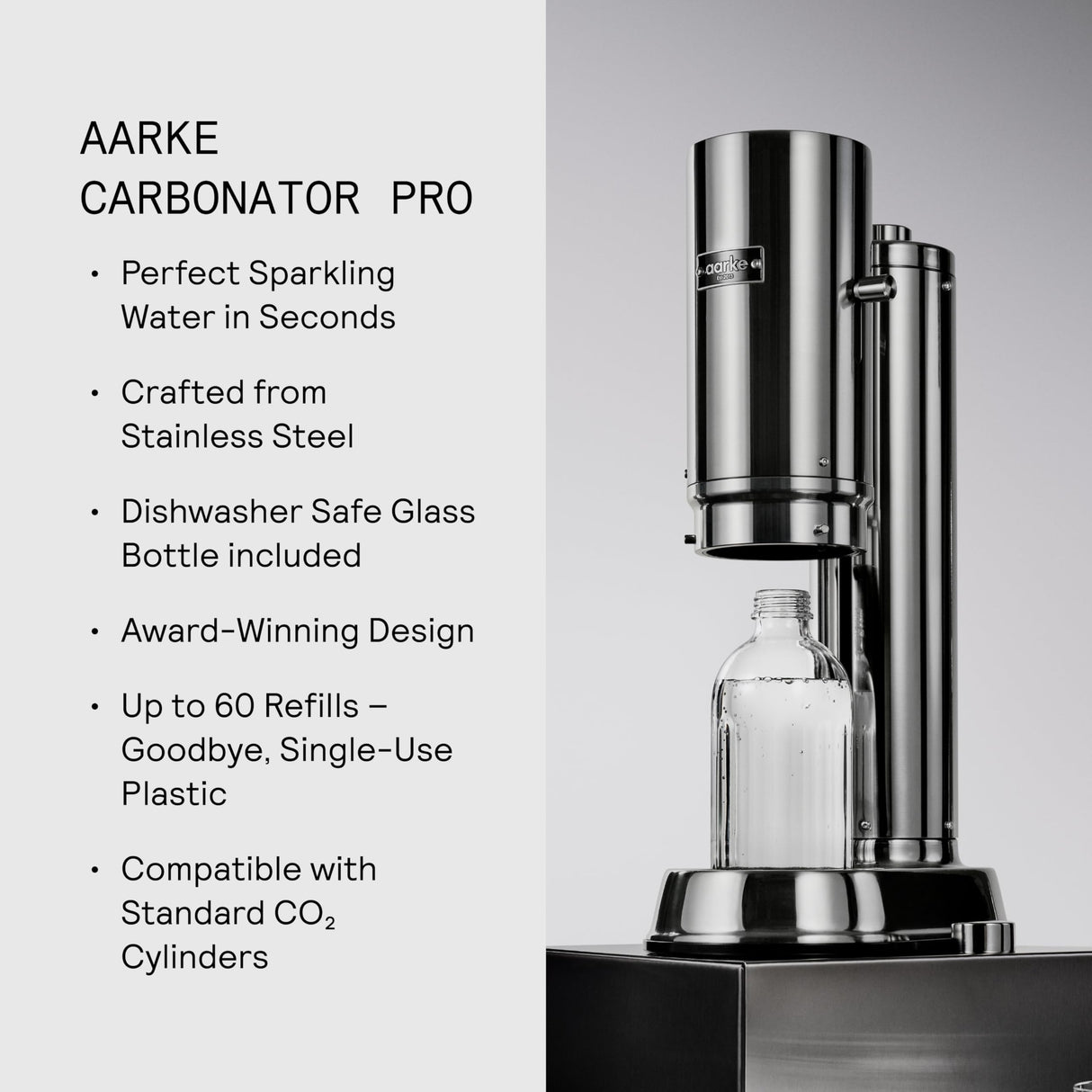 Aarke Carbonator Pro, Máquina para hacer Agua con Gas, con Botella de Vidrio, Acabado en Acero