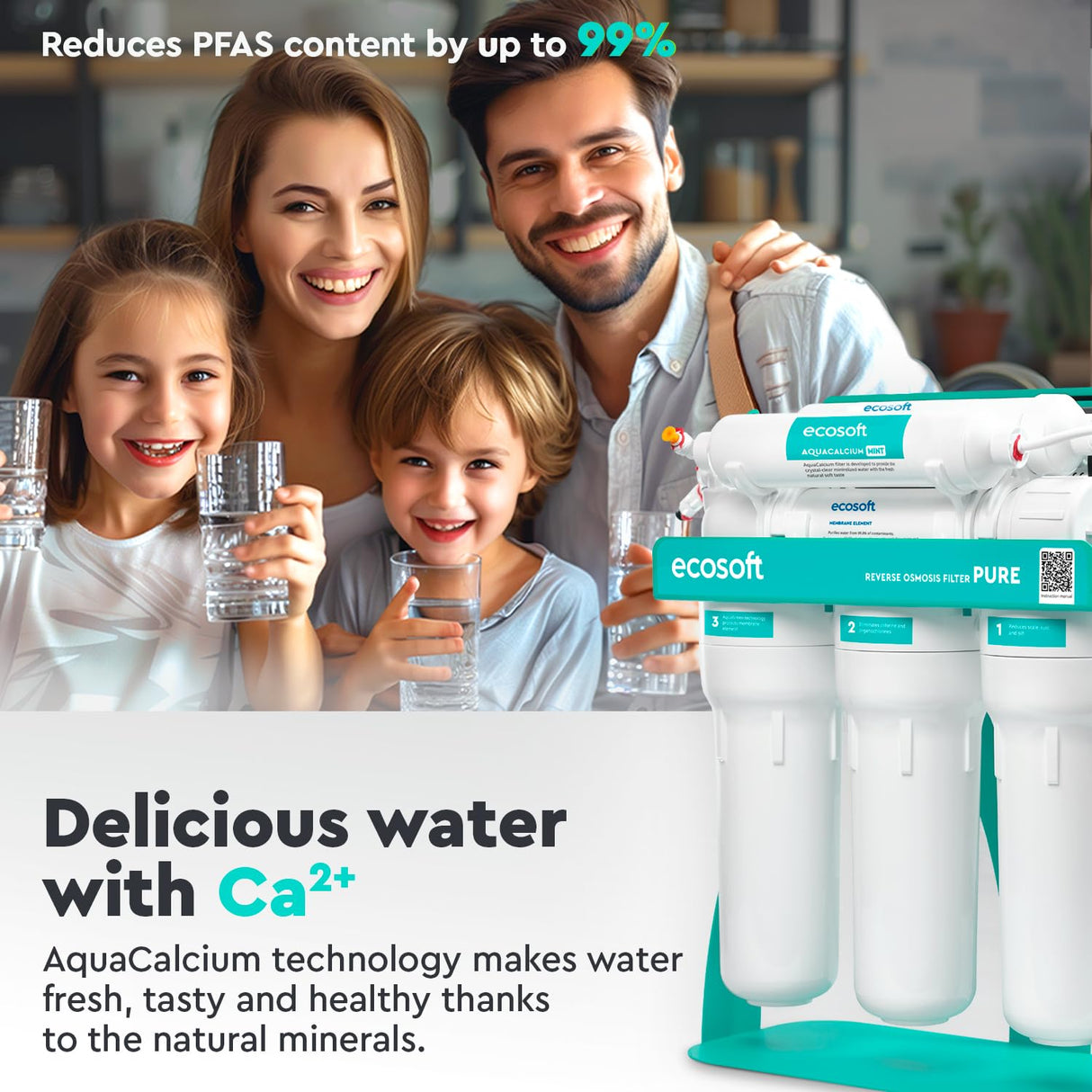 Ecosoft P'URE AquaCalcium - Filtro con Bomba Montado Sobre Estructura Metálica, Ósmosis Inversa Para el Hogar, Elimina el 99.8 % de los Contaminantes del Agua, Mineraliza el Agua Potable con Calcio