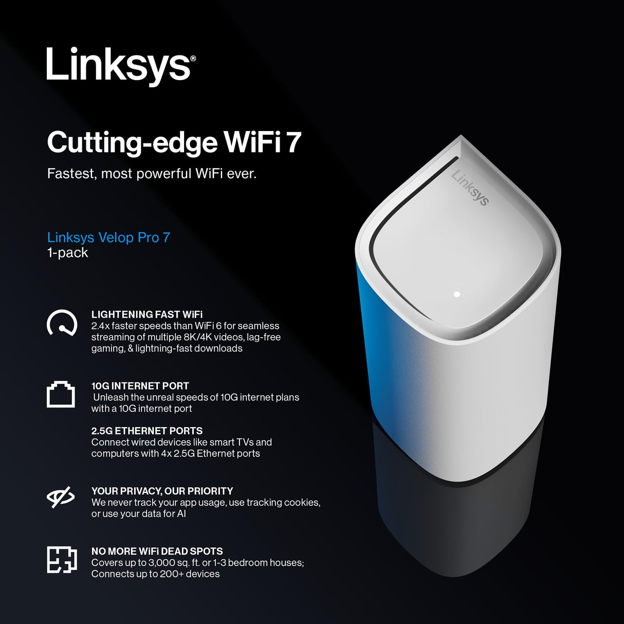 Linksys Velop Pro 7 10G LN1401: Sistema Mesh tribanda con 1 Puerto de Internet/WAN de 10 GB y 4 Puertos LAN de 2,5 GB, Cobertura de hasta 278 m² y más de 200 Dispositivos