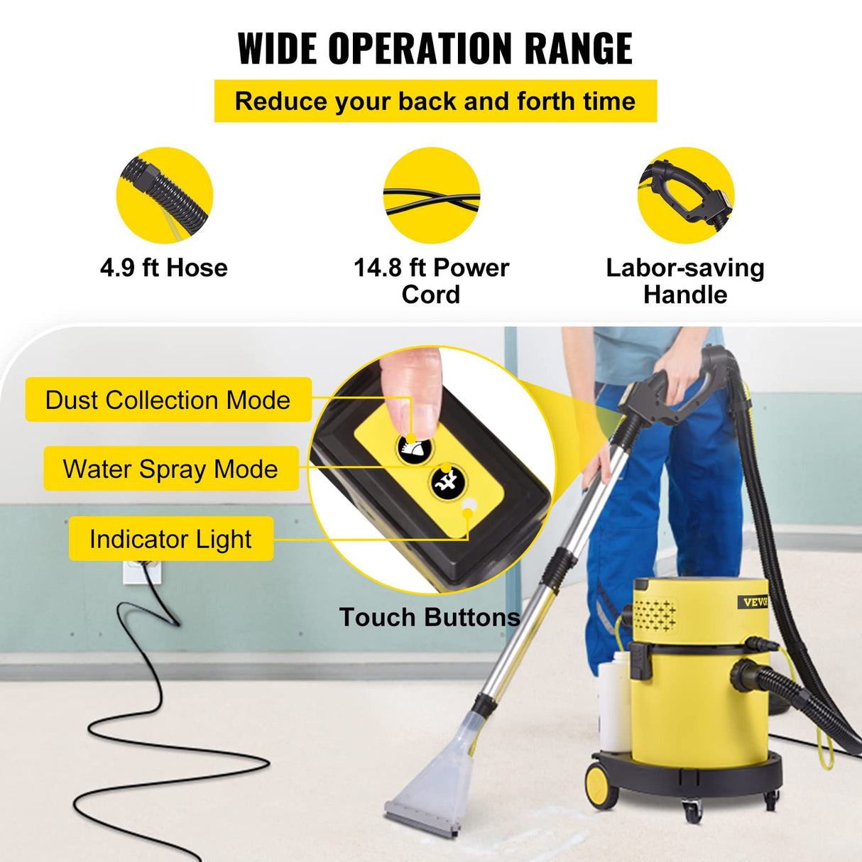 Vevor Aspirador Potente en Seco y Húmedo 4 en 1 Depósito Total de 20L, Mando de Control Remoto Lava Aspiradora 220V 1200W para Hogar Patio Garaje Taller