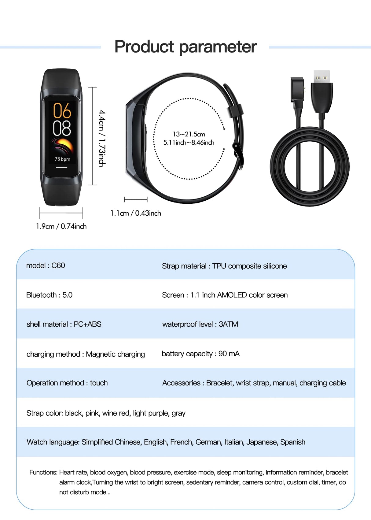 Varias Funciones Fitness Tracker Compatible con Android e iOS, GPS Smartwatch Detección de oxígeno en Sangre, Pink C60