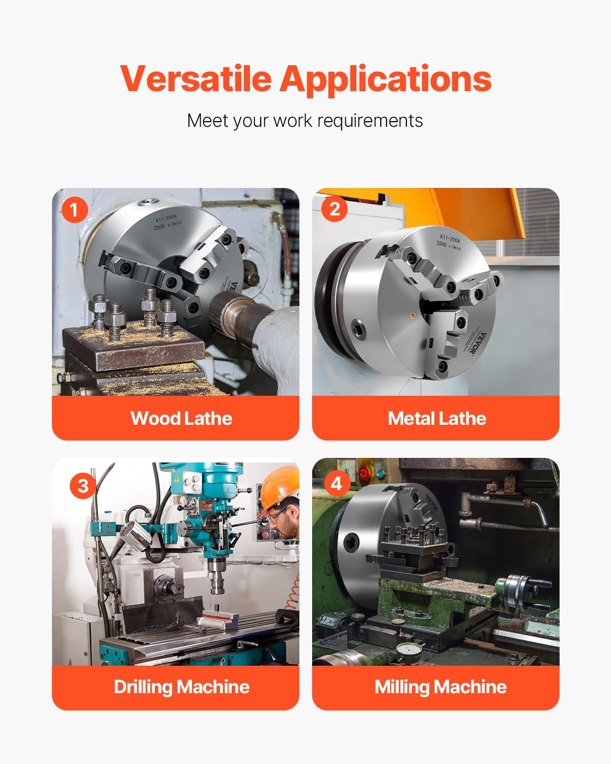 VEVOR Mandril de Torno de 3 Mordazas Diámetro Exterior de 200 mm, Autocentrante con Placa de Soporte Roscada, Rango de Sujeción de 4-200 mm con Tornillos de Llave en T para Torno de Madera y Metal