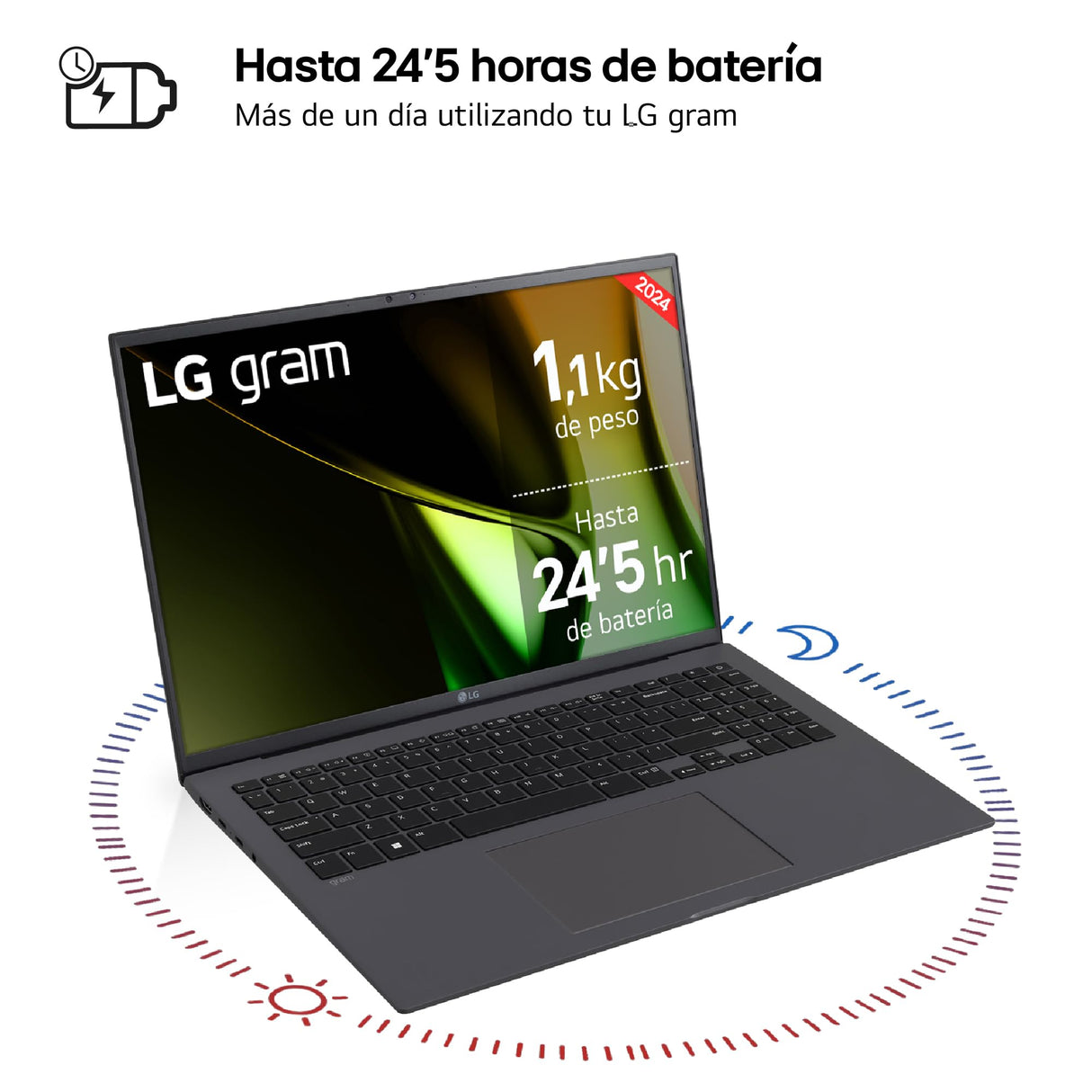 LG Gram 16Z90S-G.AD76B - Portátil Ultraligero de 40.6 cm (16") 2560x1600, Panel IPS Antirreflejo, Intel Core Ultra 7, 32 GB RAM, 512GB SSD, 1.199 g, Batería 24.5 horas, Windows 11 Home, Gris Carbón