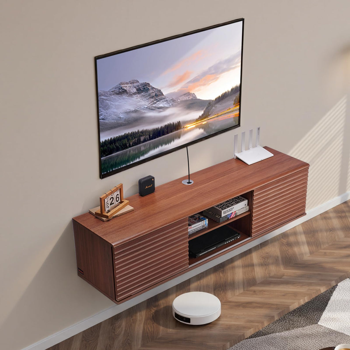 VEVOR Mueble de TV en la Pared, Estante Flotante para TV 1520 x 390 x 368 mm con Estante Ajustable y Puertas Correderas para Reproductor de DVD, Decodificador de Cable, Carga de 52 kg, Nogal