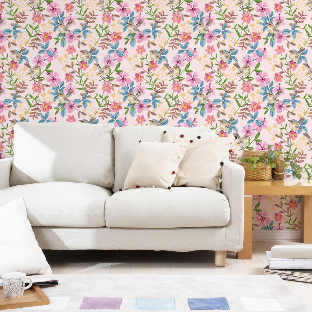 Ambiance - Adhesivo decorativo para papel pintado (300 x 60 cm), diseño de flores y gorriones