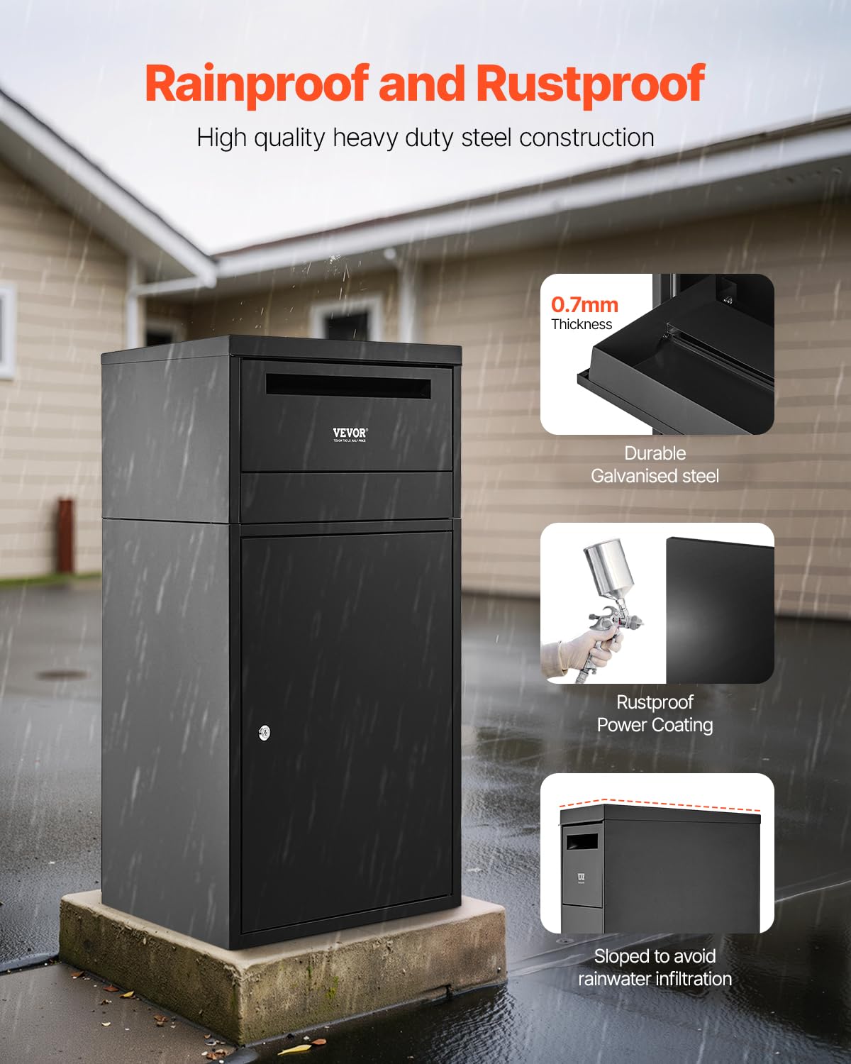 VEVOR Buzón de Correo para Paquetes de Exterior 500 x 325 x 909 mm Buzón con Cerradura de Acero Galvanizado con Diseño Antirrobo Resistente a la Intemperie para Hogar, Oficina, Porche, Negro