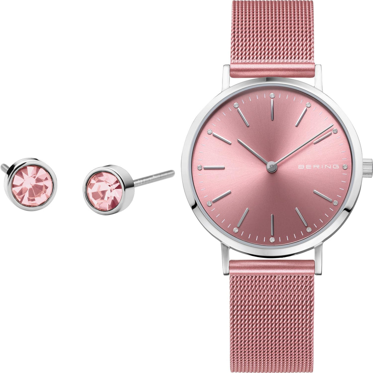 BERING 14134-999-GWP Reloj de Cuarzo para Mujer con Caja de Acero Inoxidable Plateado de 34 mm y Esfera Rosa, Correa milanesa, Cristal de Zafiro y Resistencia al Agua de 3 ATM
