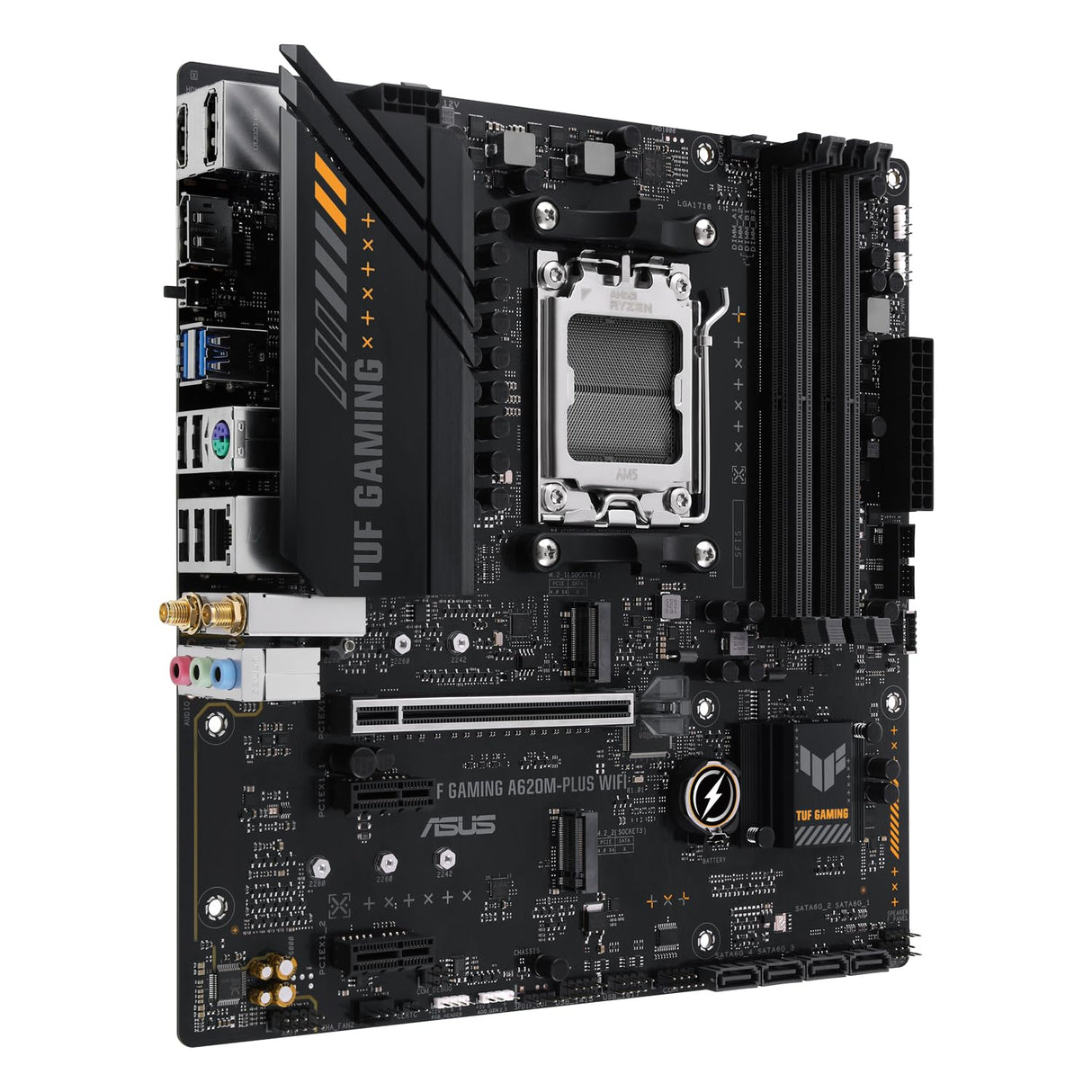 ASUS TUF Gaming A620M-PLUS WiFi Placa Base Micro-ATX AMD A620 (2.5Gb Ethernet, Wi-Fi 6, 2 x DP, HDMI, USB 3.2 Gen 1, USB 3.2 Gen 1 Type-C, BIOS Flashback, cancelación de Ruido, Aura Sync), Negro