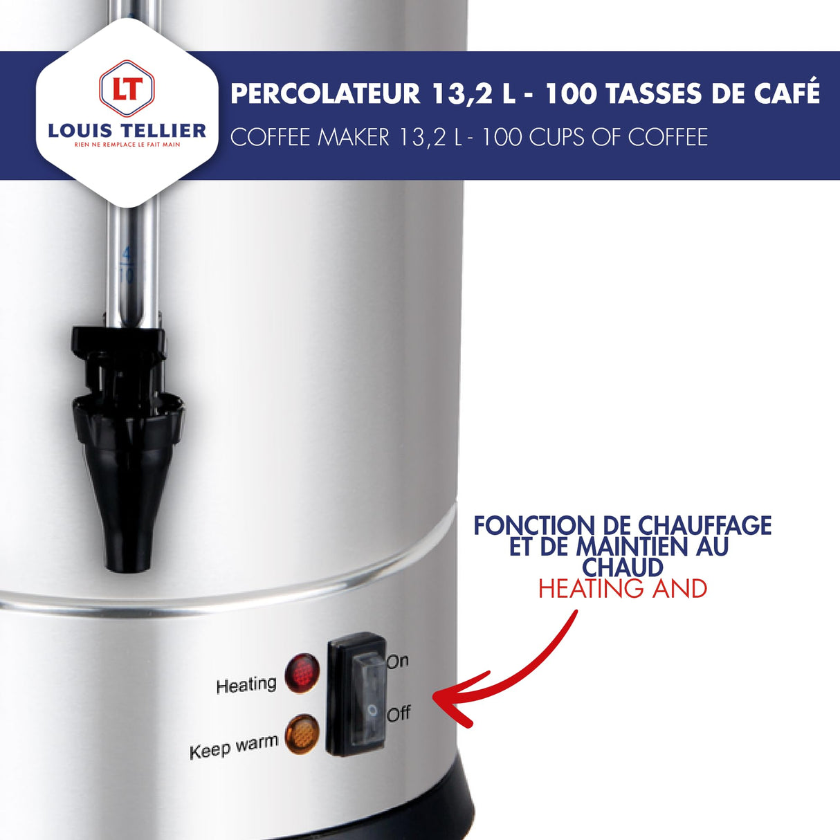 Louis Tellier - Percolador de café profesional - Capacity 13,2 L - 100 Tazas - Acero Inoxidable - Grifo de Goteo