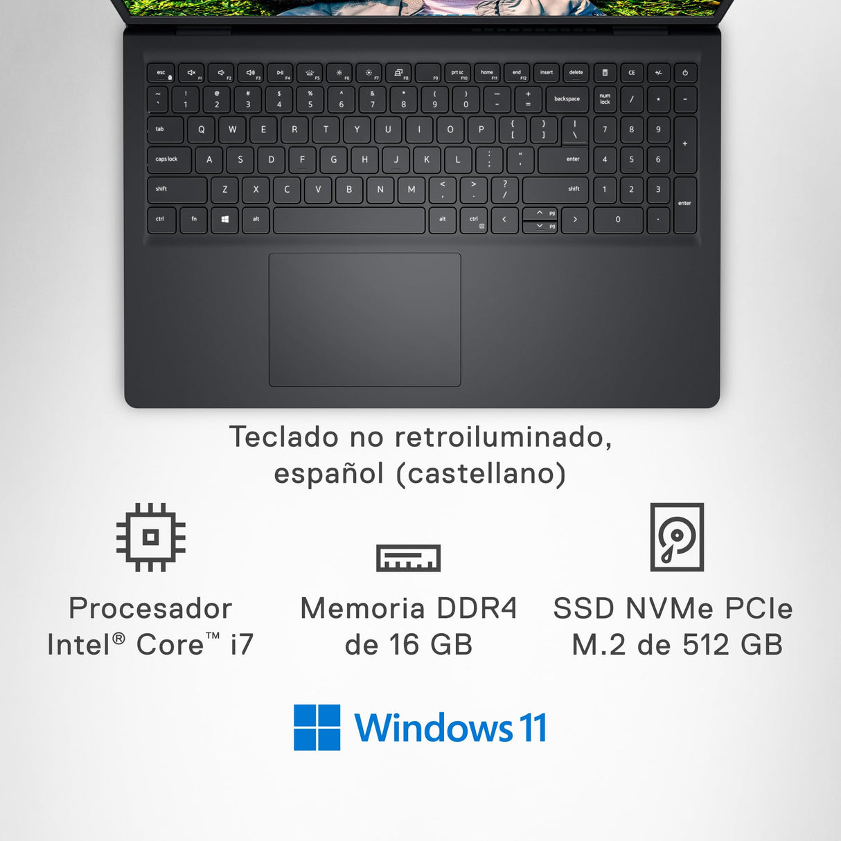 Dell Inspiron 15 3520 Portátil de 15,6'' FHD, Intel Core i7 1255U, 16GB RAM, 512GB SSD, Intel Iris Xe Graphics, Windows 11, Teclado retroiluminado QWERTY Español, Carbon Black