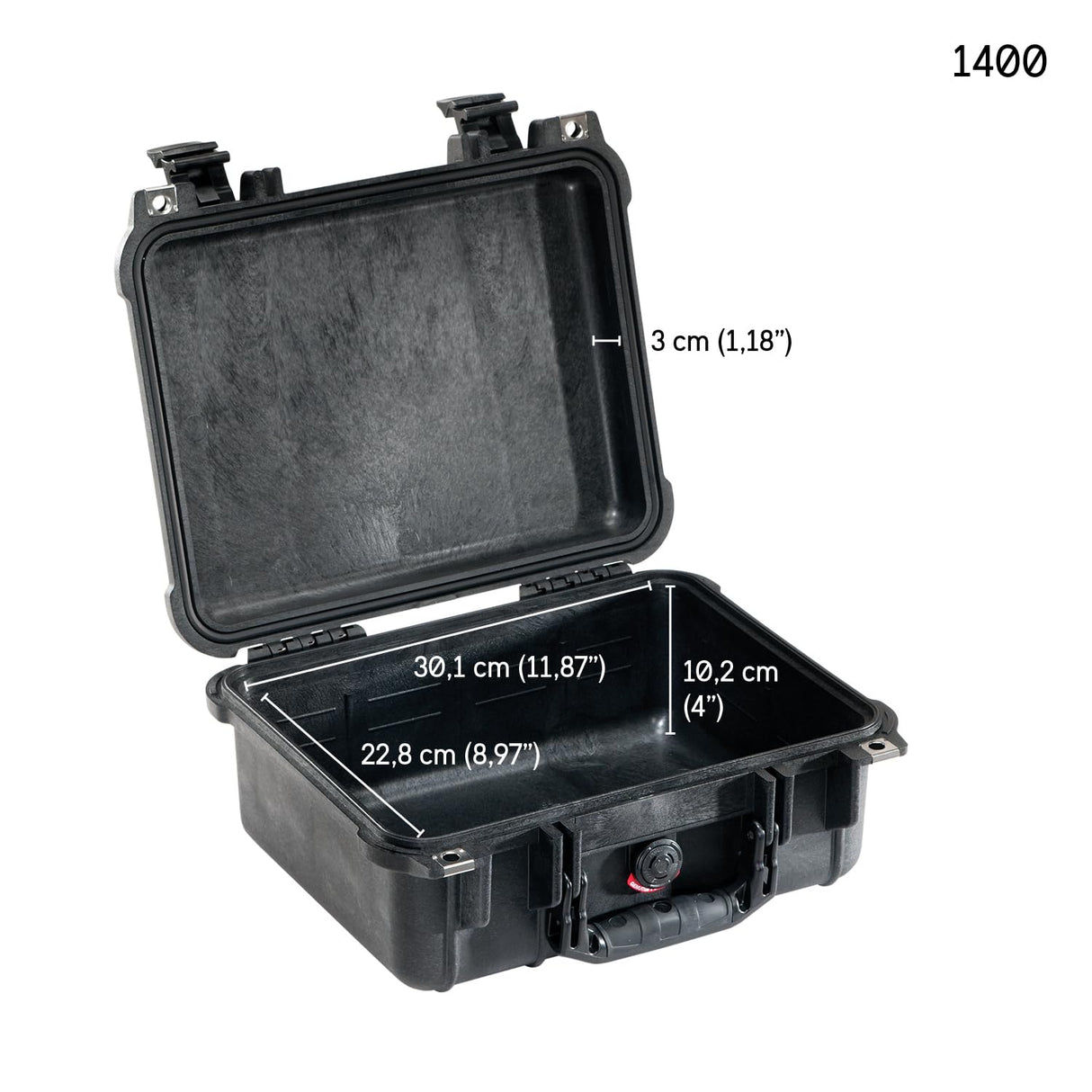 PELI 1400 Maleta ultra resistente para cámaras DSLR reflex, iluminación, objetivos y cargadores, IP67 estanca e impermeable al polvo, 9L de capacidad, fabricada en Alemania, sin espuma, color negro