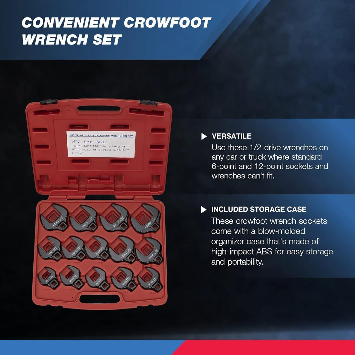 Neiko® 03325A 1/2-Inch Drive SAE Crowfoot Wrench Set, Jumbo Size, Cr-Mo, 1-1/16 Inch - 2 Inch | 14-Piece set