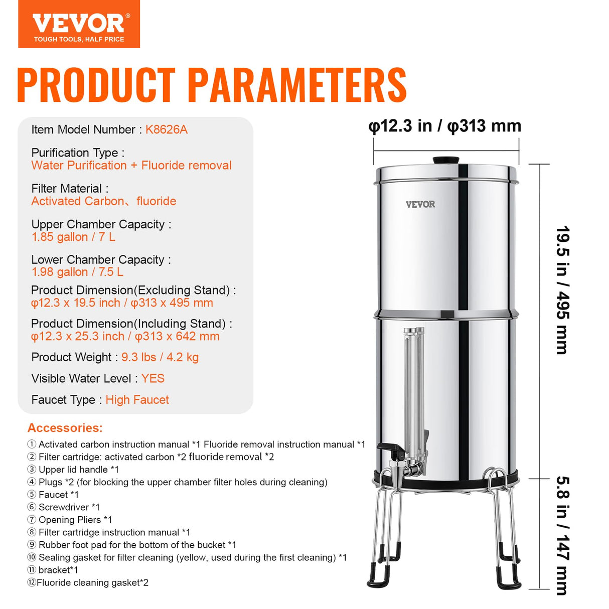 VEVOR Sistema de Filtración de Agua por Gravedad 7,5 L Sistema de Encimera Acero Inoxidable Reduce Plomo y hasta 99% de Cloro con 2 Filtros de Carbón Activado, 2 Filtros de Desfluoración, Grifo