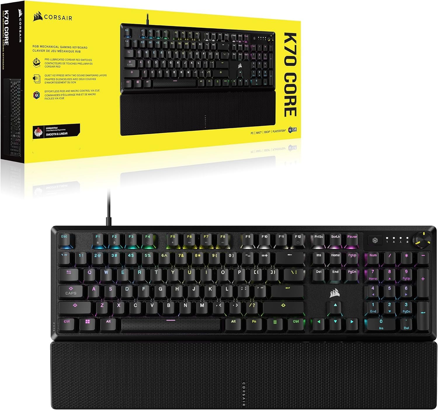 Corsair K70 Core RGB Teclado mecánico de Juego con reposamuñecas - Teclas lineales prelubricadas MLX Red - Amortiguación del Sonido - Compatible con iCUE - AZERTY FR Layout - Negro