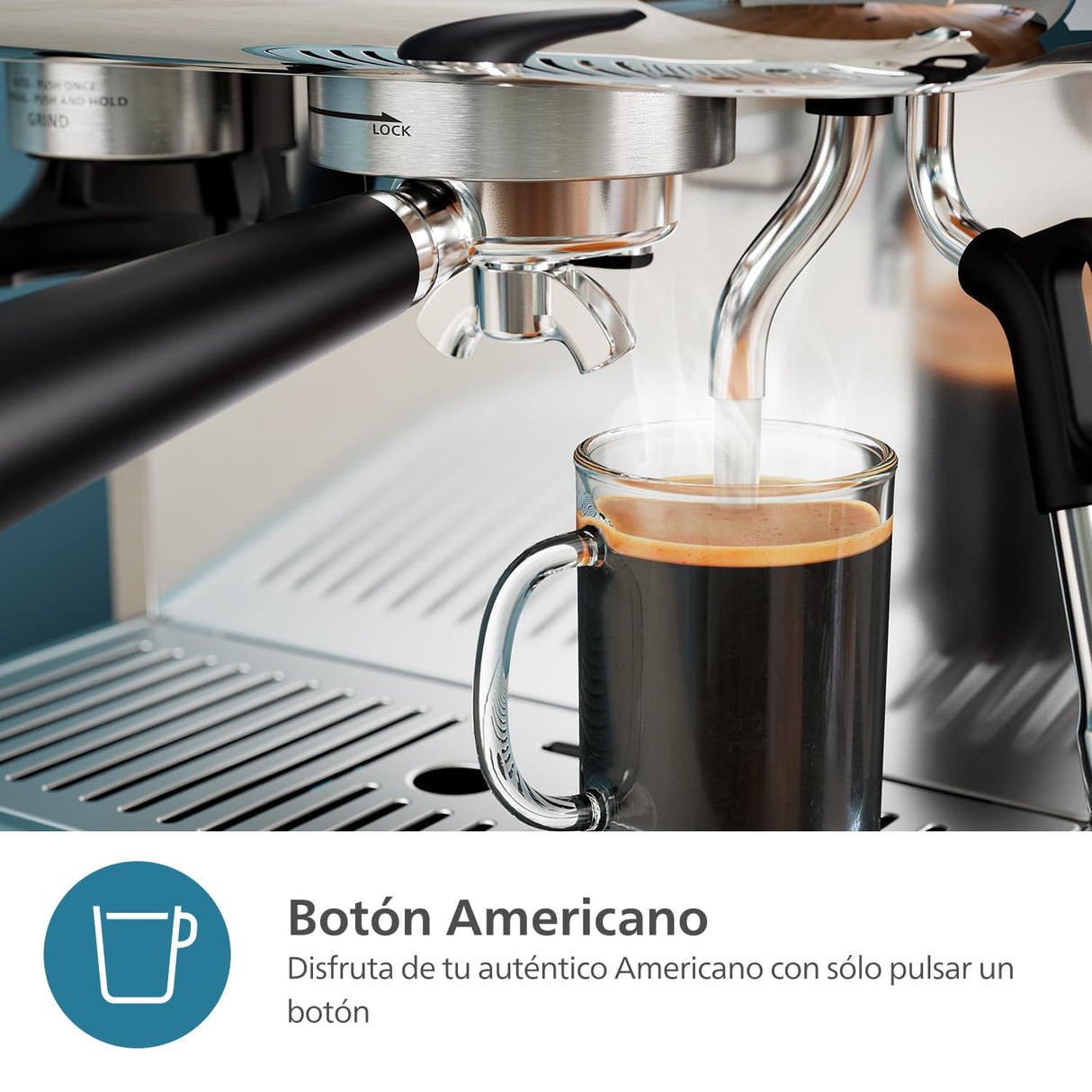 Philips Barista Brew - Cafetera espresso semiautomática. Botón para espresso simple y doble + americano, recipiente doble para granos de 280 g, apisonado calibrado, cappuccino de metal (PSA3228/41)