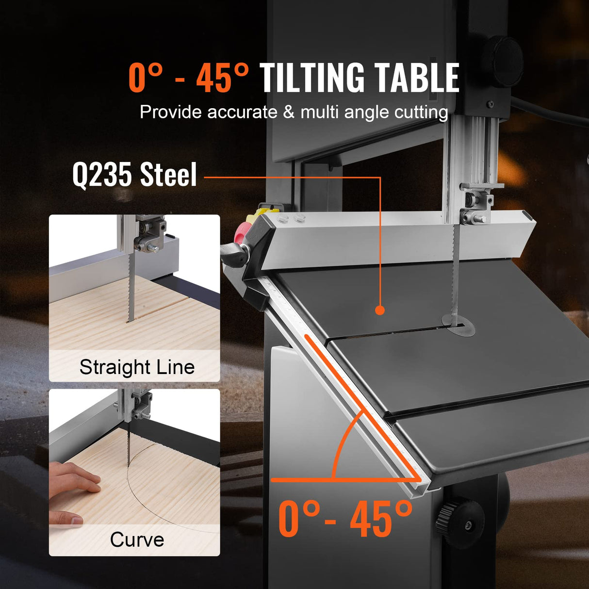VEVOR 370 W Sierra de Cinta con Soporte de Mesa de Dos Velocidades de 506 RPM/920 RPM con Guía y Calibre de Inglete, Ancho de Garganta 245 mm, Altura de Corte de 160 mm para Carpintería, Aluminio