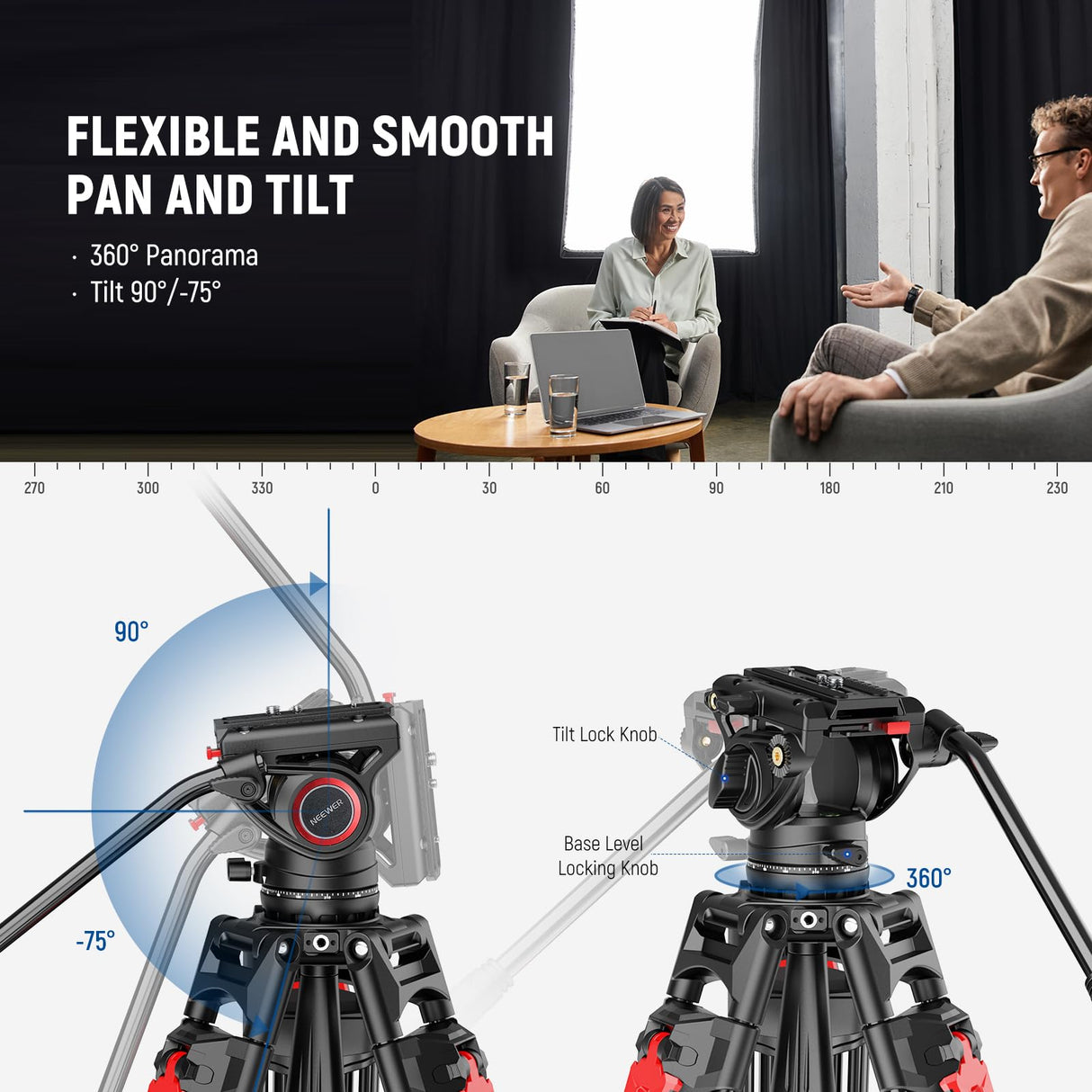 NEEWER Trípode para cámara de Video de 76 Pulgadas con Cabezal Fluido, liberación rápida de un Paso con amortiguación Ajustable, Soporte de trípode de Aluminio Resistente, Placa QR de Modo Dual para