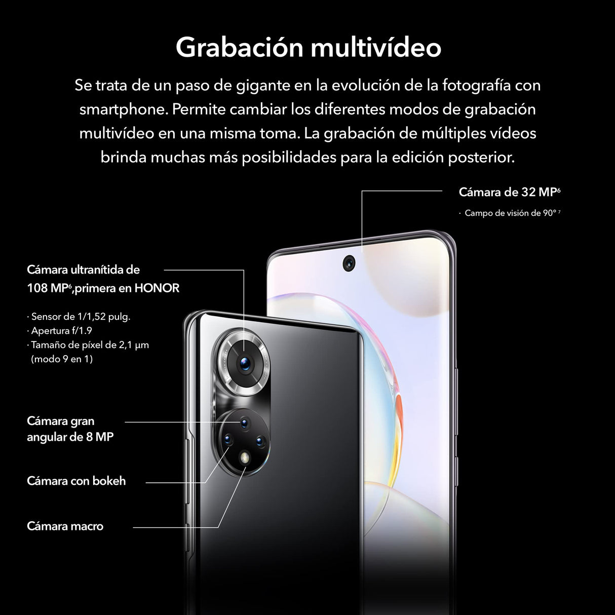 HONOR 50 Teléfono Móvil Desbloqueado 5G AMOLED Dual SIM 8+256 GB, con Cámara Cuádruple de de 108 MP, 120 Hz Pantalla Curva de 6,57" Pulgadas, Android 11,SuperCharge de 66 W, GMSn negro