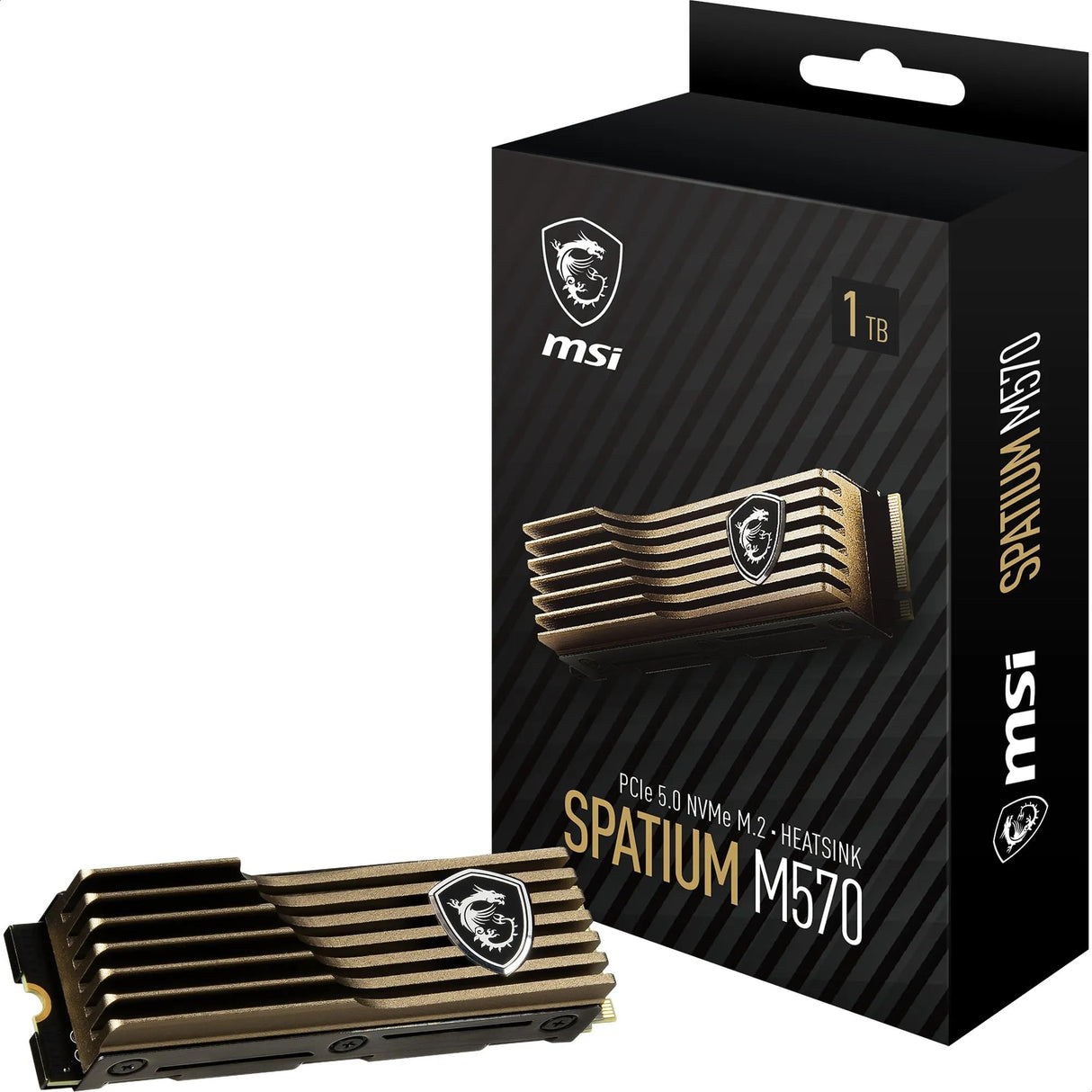 MSI SPATIUM M570 SSD 1TO con Heatsink - Unidad SSD Interna PCIe 5.0 NVMe M.2, Lectura 9500 MB/s, Escritura 8500 MB/s, 3D NAND, Seguridad de Datos integrada, Center - Garantía de 5 años (700 TBW)