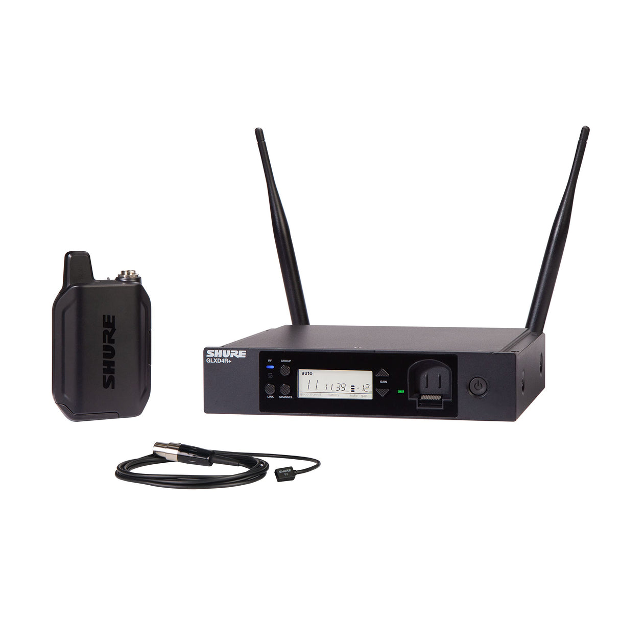 Micrófono inalámbrico Shure GLXD14R+/93 con batería de 12 Horas y Alcance de 30m. Incluye micrófono de Solapa WL93 y Receptor de Montaje en Rack de un Solo Canal.